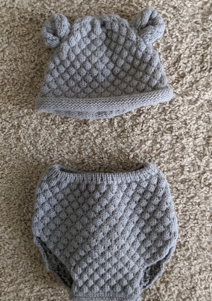 Newborn knitted bear hat and diaper cover